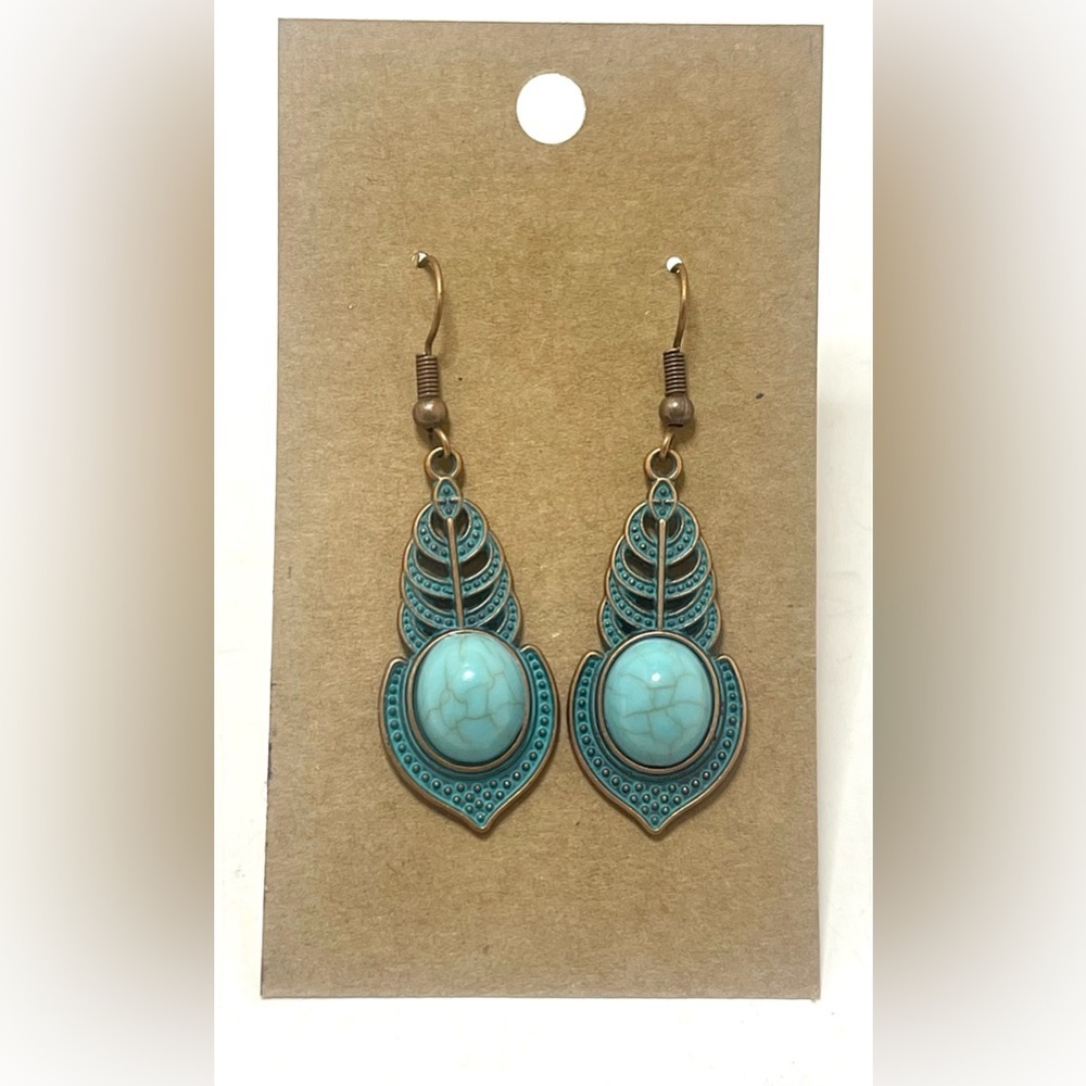NEW INVENTORY! Antiqued Copper and Turquoise Color earrings with patina. - Picture 1 of 4
